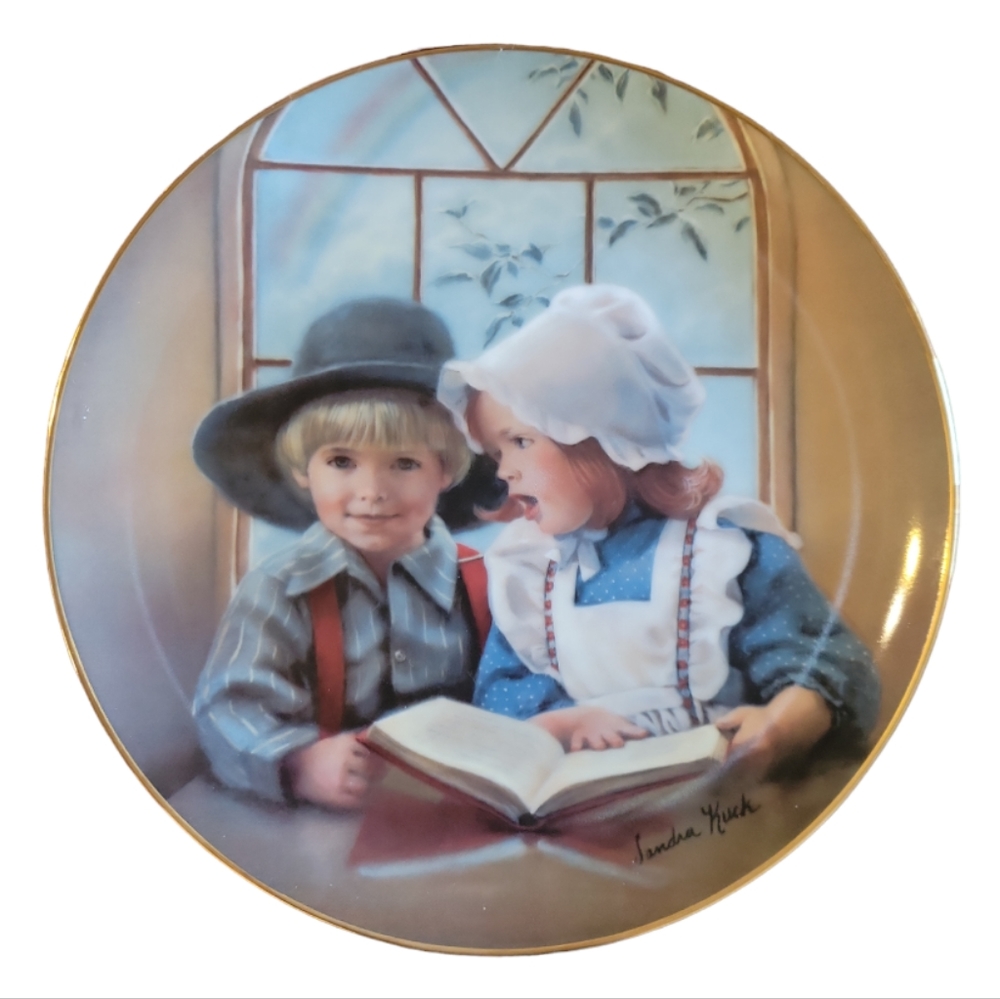 Vtg 84 Reco Days Gone By Little Tutor Gold Porcelain Plate Boy Girl Reading Book